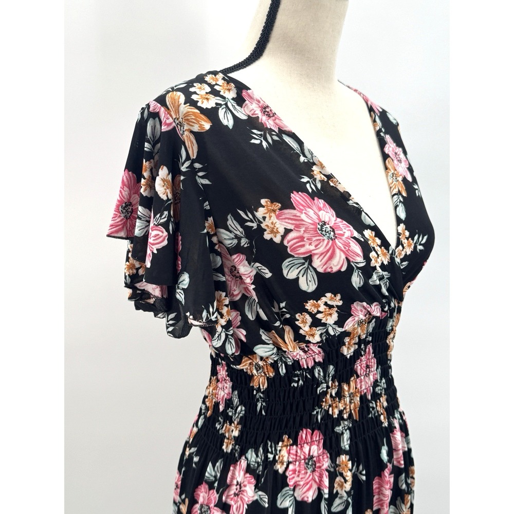 Tamsy Dark Floral Babydoll Maxi Dress OS Flutter Sleeve Stretch Whimsigoth Boho - Picture 4 of 12